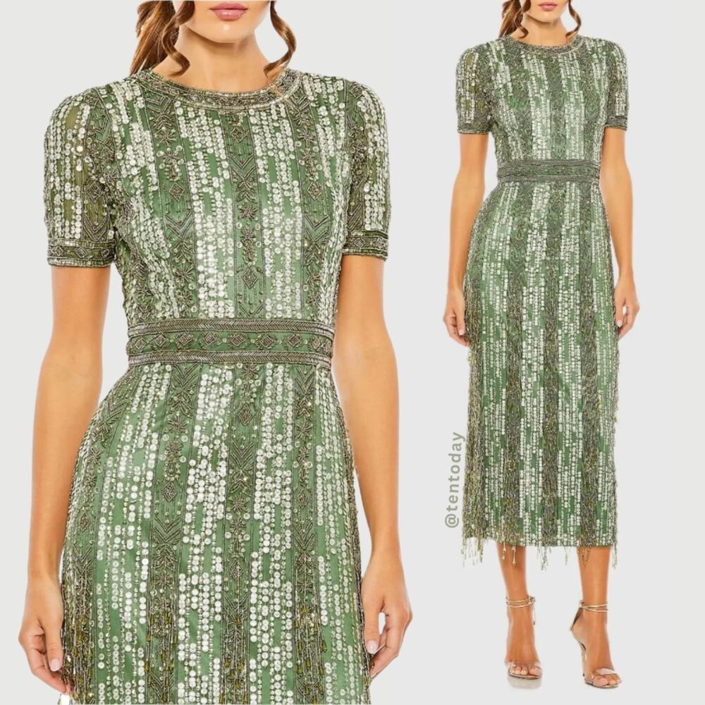 Mac Duggal Size 12 Sage Green High Neck Short Sleeve Fringe Column Dress‎ Gown